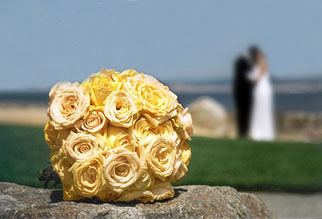 wedding couple with flowers, Monterey California